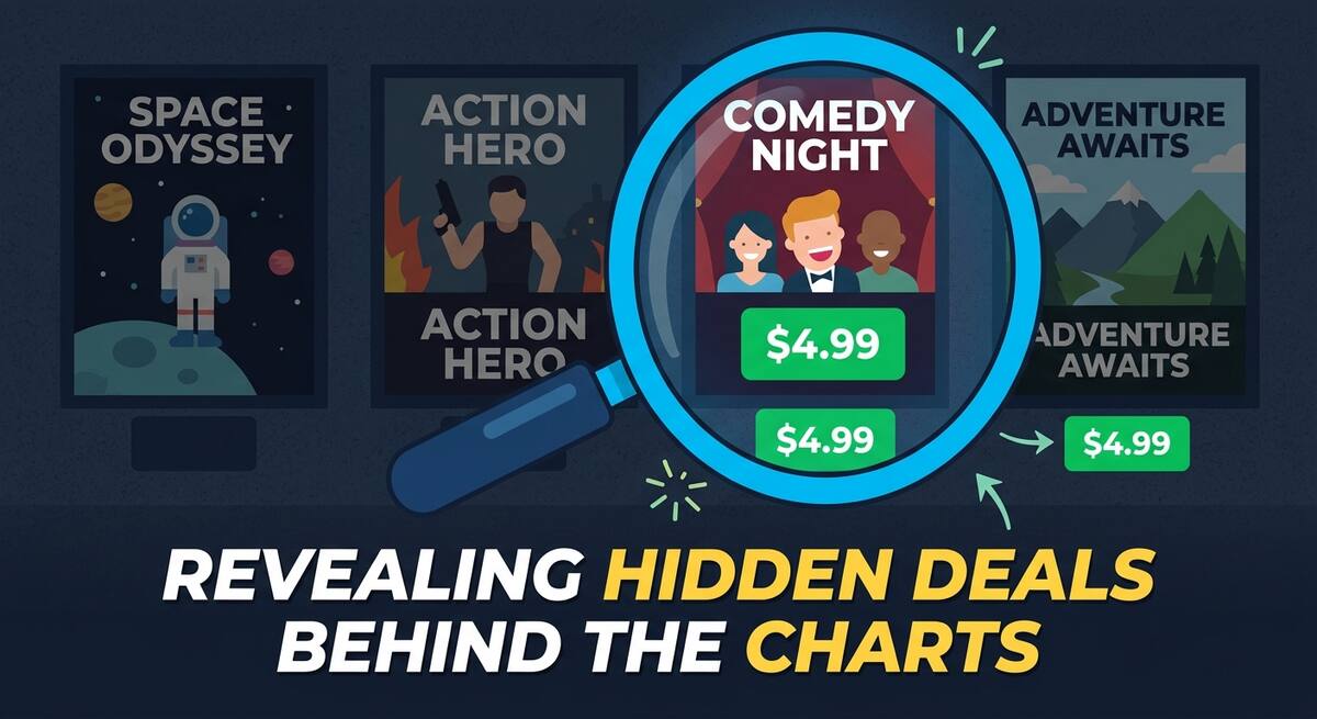 Magnifying glass revealing hidden $4.99 price tags behind iTunes movie chart posters