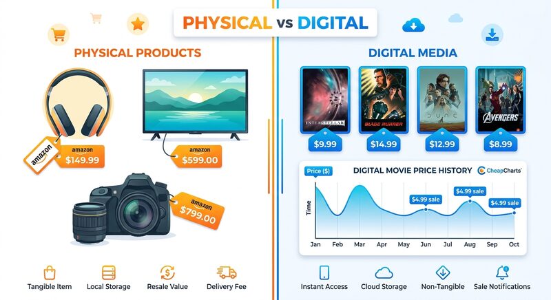 Physical products vs digital movies - different price trackers needed
